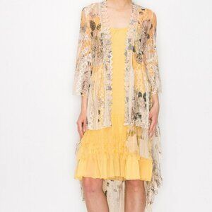 NEW ORIGAMI DESIGNER  FLORAL LACE YELLOW SM-4X bohemian western duster CARDIGAN
